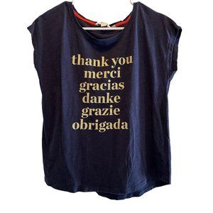 Boden Robyn Top Thank You Graphic T Shirt Cap Sleeve Blue Gold Size Small